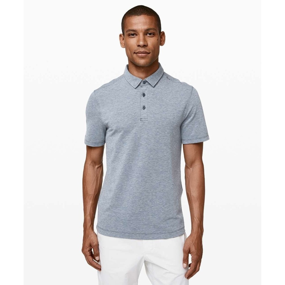 Lululemon Evolution Polo Men's Medium Heather Mach Blue Short Sleeve Shirt Golf